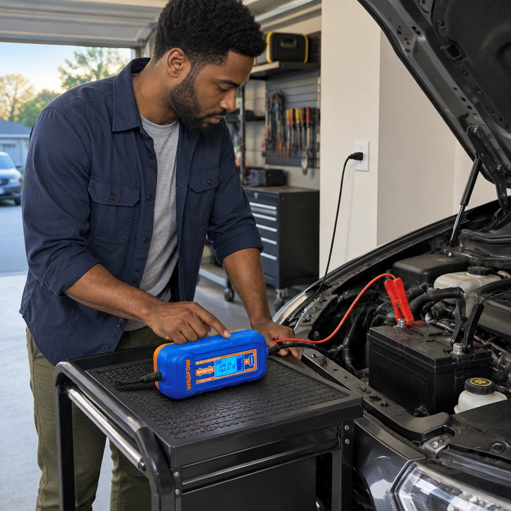 African American vehicle owner uses a Wadfow WBY15041 charger to charge a 12V car battery in a clean garage