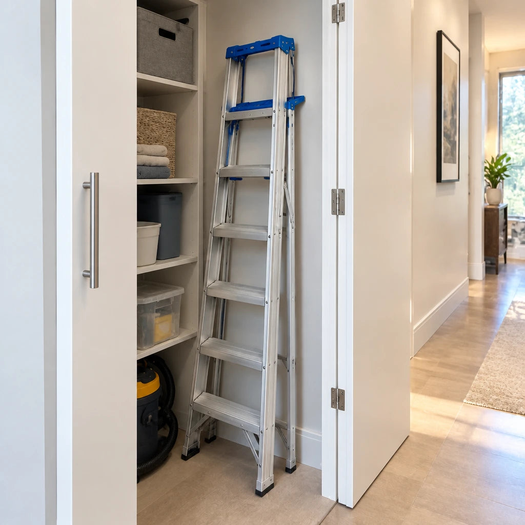 Wadfow aluminium step ladder stored in a contemporary apartment utility closet