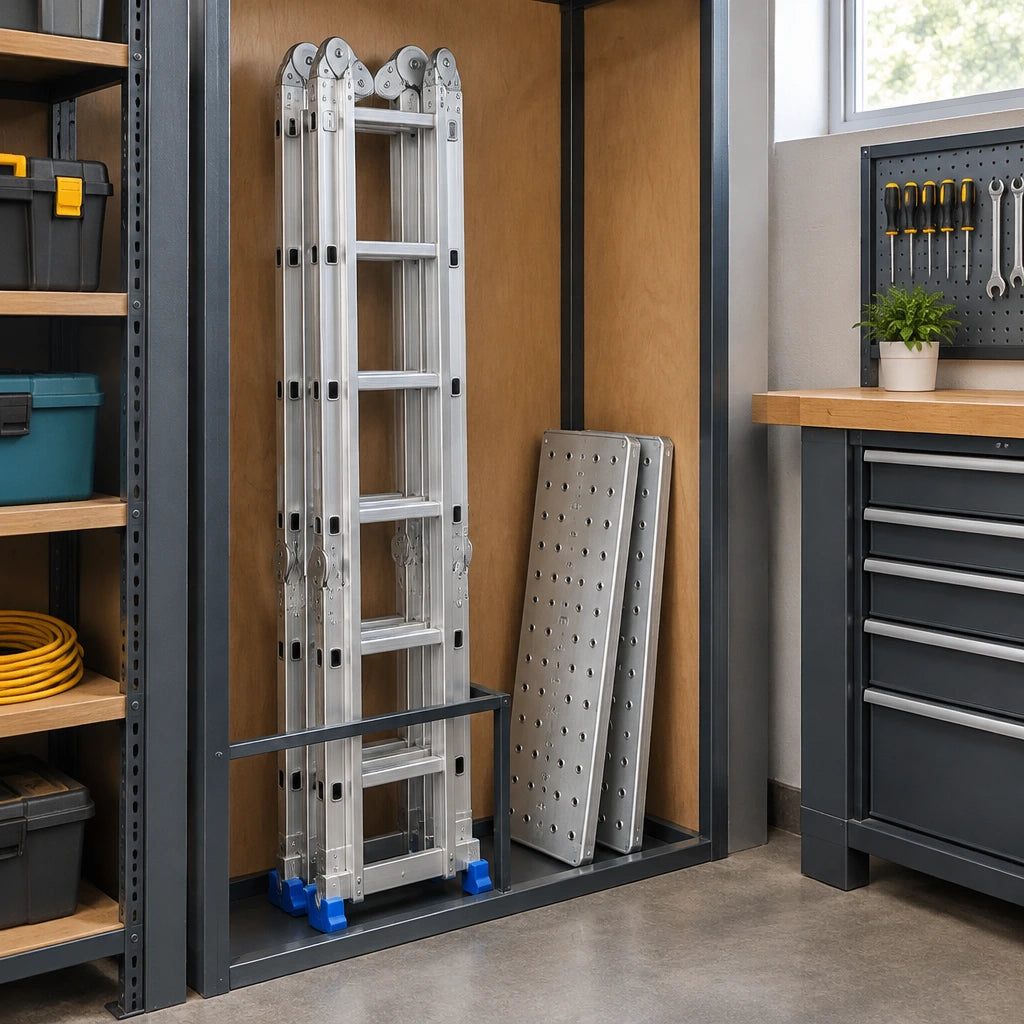 Folded Wadfow WLD7H44 aluminium ladder and scaffold plates stored in an organised renovation workshop