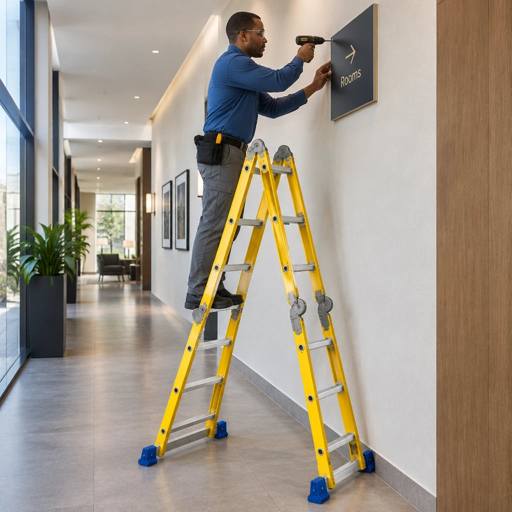African American facilities installer using a yellow Wadfow A-frame ladder to mount a high wall sign in a hotel corridor