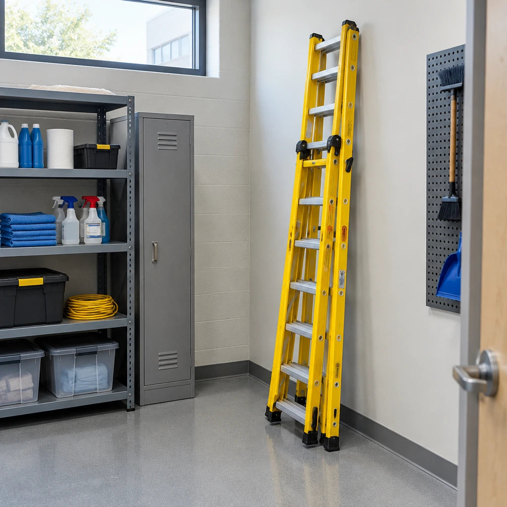 Wadfow WLD4939 shortened three-section extension ladder stored in an organised university maintenance room