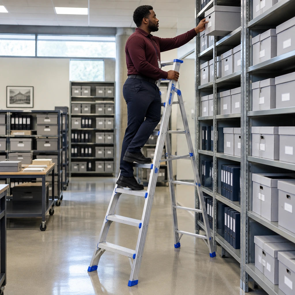 African American archive technician retrieving a box from high shelving with a Wadfow WLDF082 A-frame ladder
