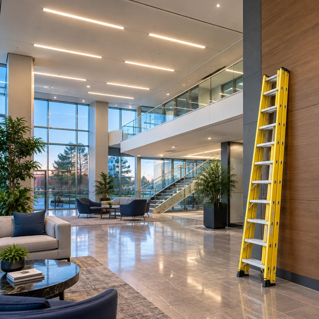 Serviced ceiling light illuminating a modern atrium with a closed Wadfow extension ladder resting nearby
