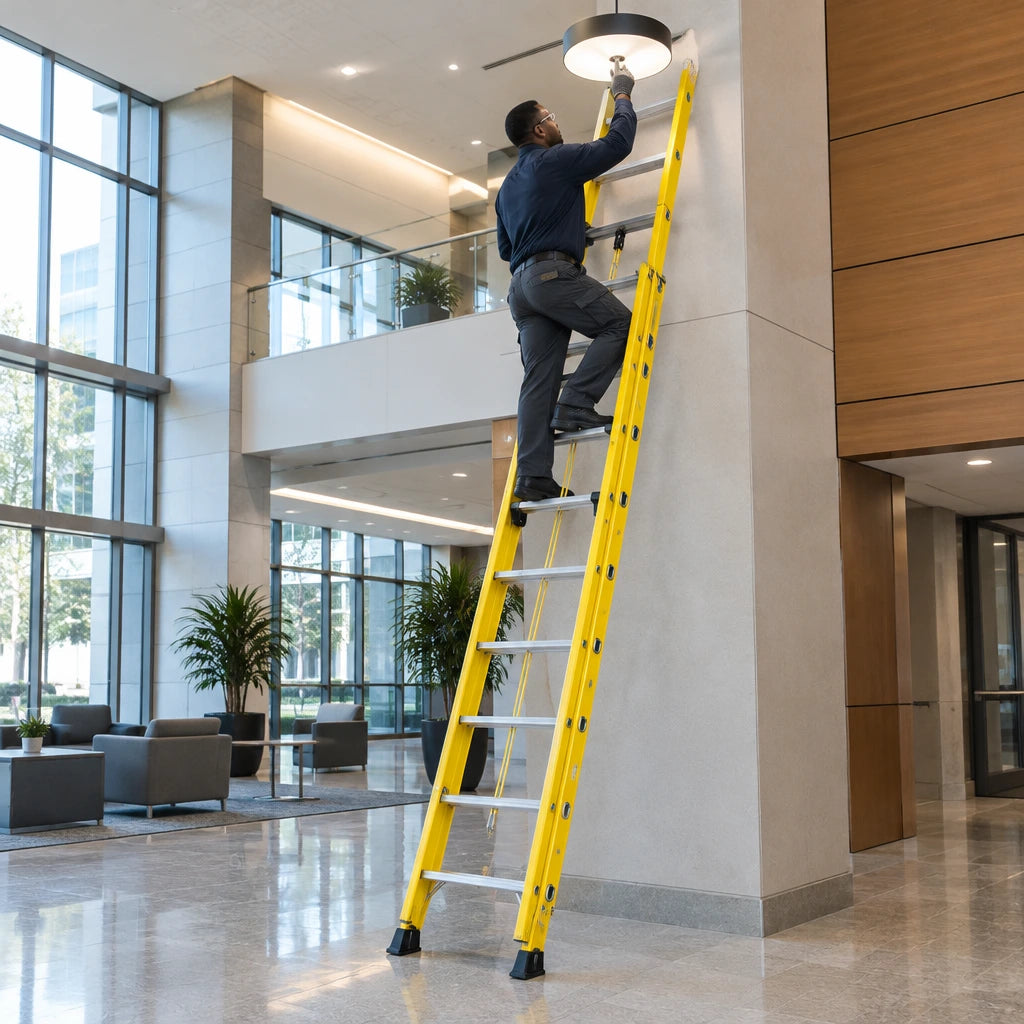 African American facilities technician using a Wadfow extension ladder to access a high ceiling light in a modern atrium