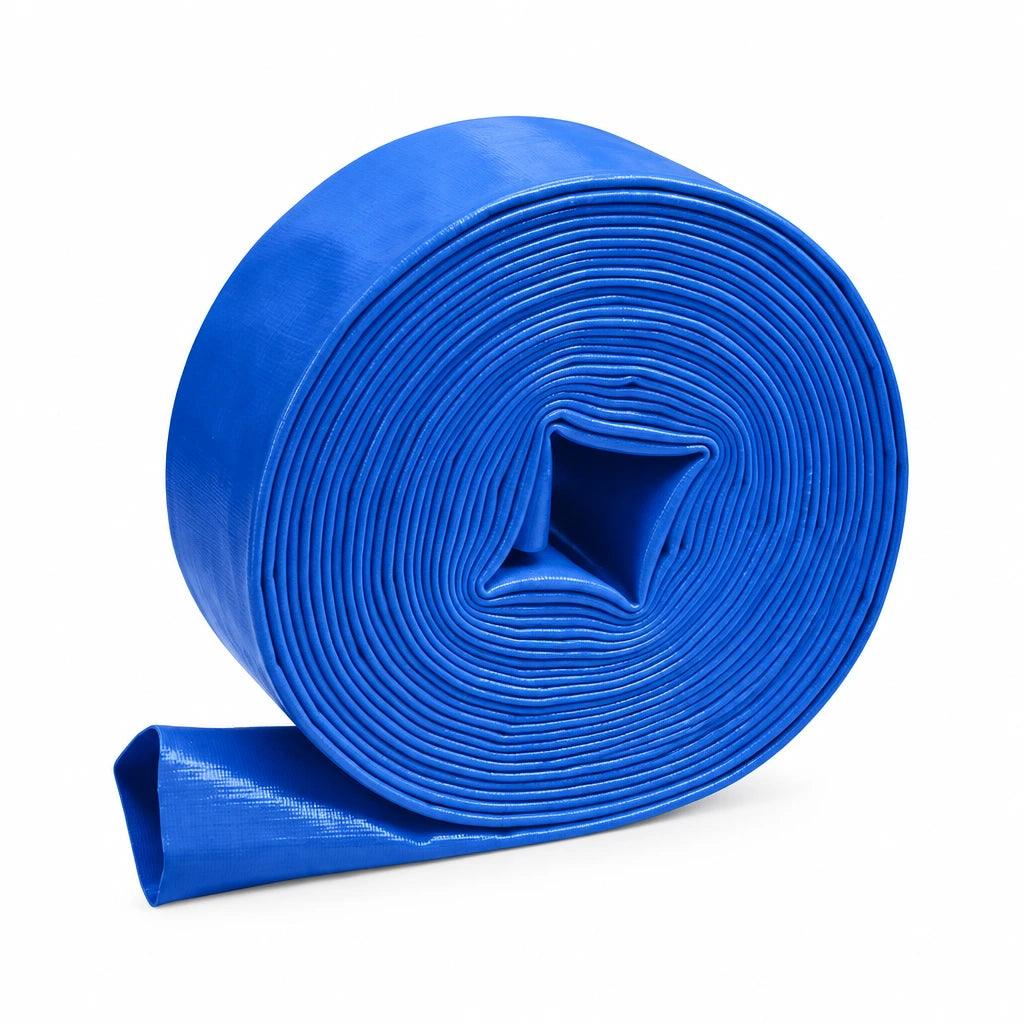 Wadfow blue 2-inch PVC lay-flat hose WPFH0210 coiled on a white background