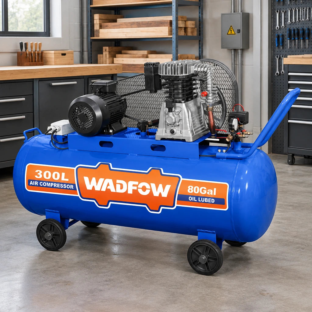 Wadfow 300L blue air compressor parked in an organised professional workshop equipment bay