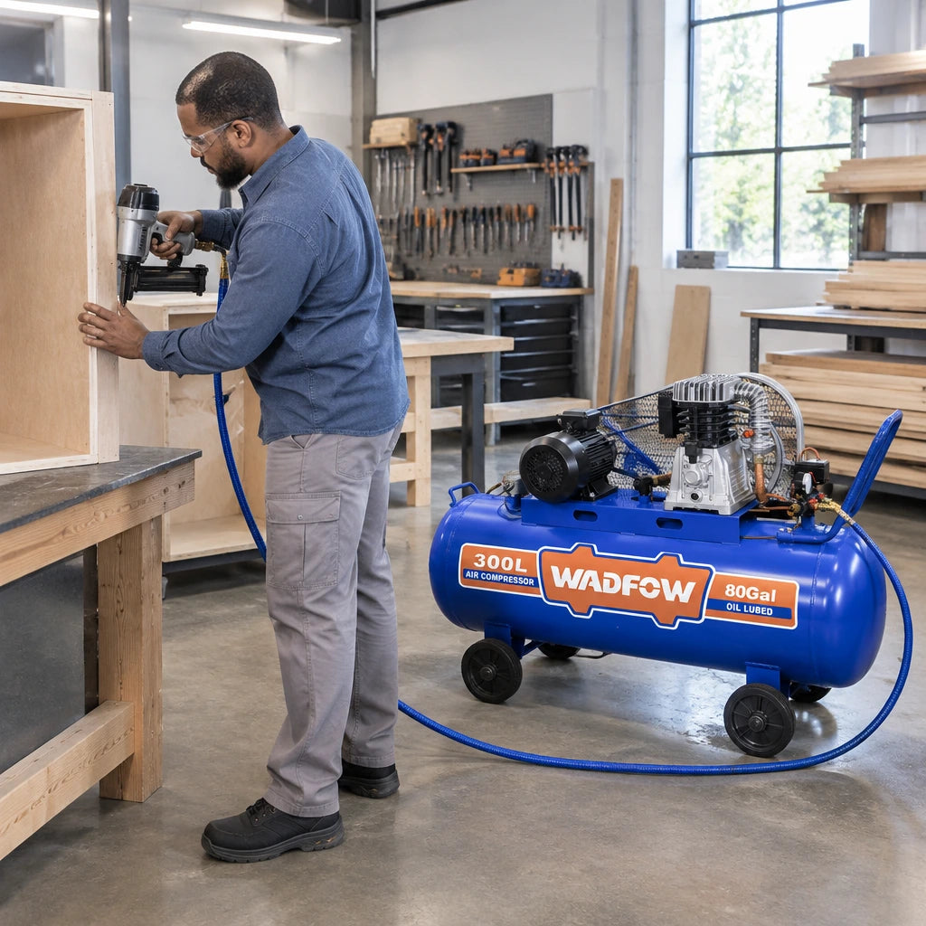 African American workshop technician using a pneumatic nailer powered by a Wadfow 300L air compressor to assemble a timber cabinet