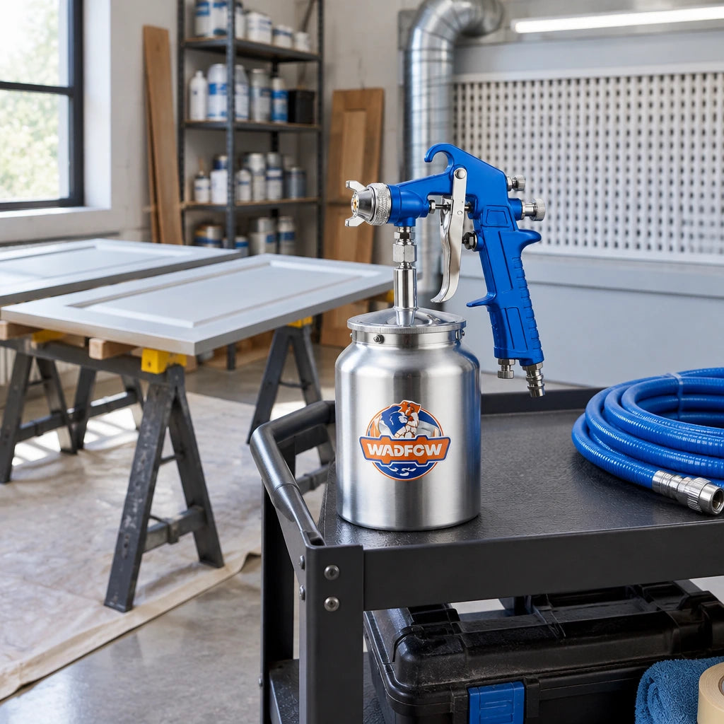 Wadfow WGA1515 air spray gun resting on a finishing cart in a professional furniture refinishing studio
