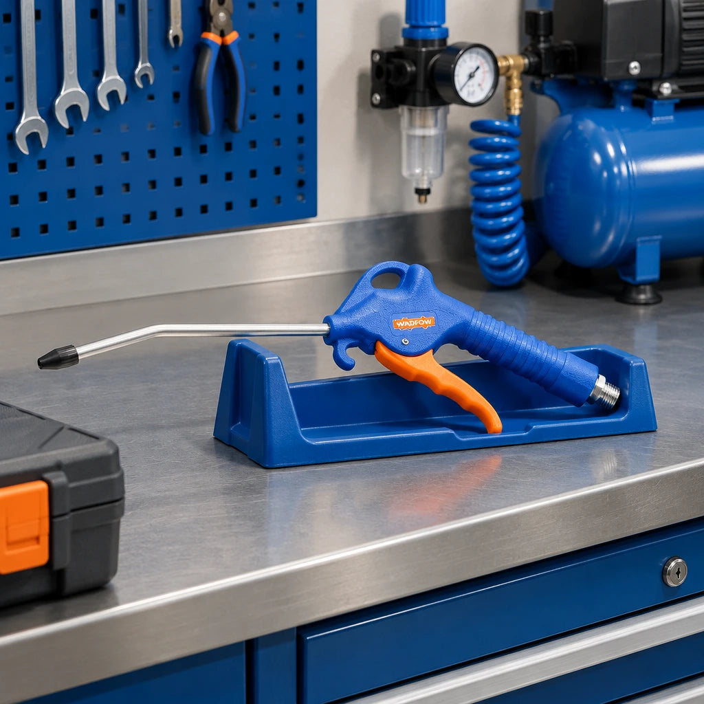 Wadfow plastic air blow gun resting on an organised equipment-maintenance workshop bench