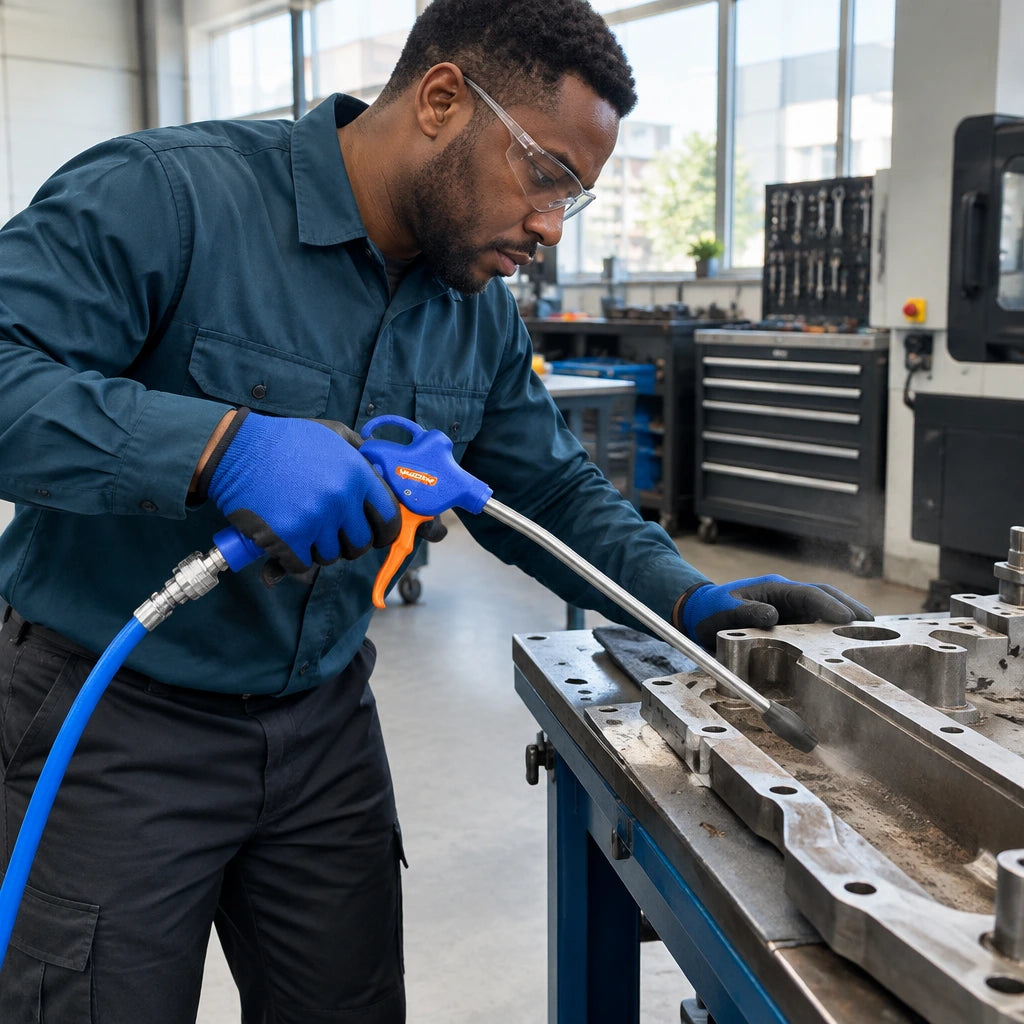 Technician using a Wadfow WGA4611 air blow gun to clear debris from a recessed metal machine component