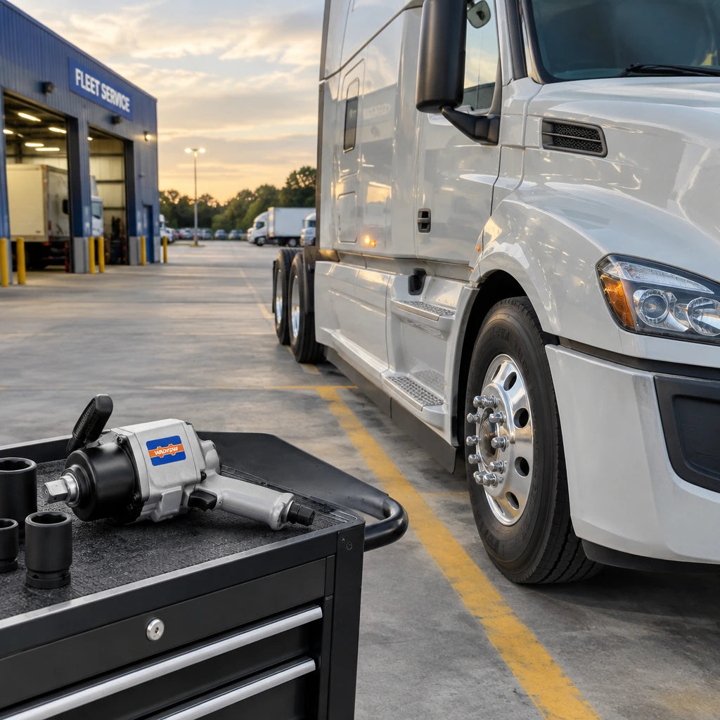 Serviced commercial truck ready for dispatch with a Wadfow pneumatic impact wrench resting on a nearby tool cart