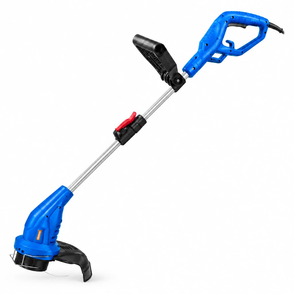 Wadfow WXM3512 blue 350W electric grass trimmer with telescopic shaft and guarded cutting head on white background