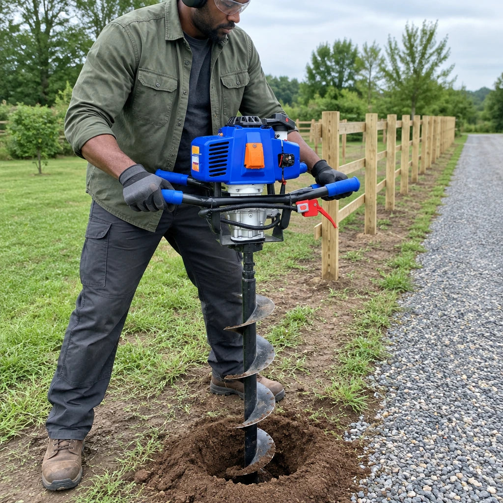 African American fencing contractor using the Wadfow WDZ1A62-1 gasoline earth auger power head to bore a post hole