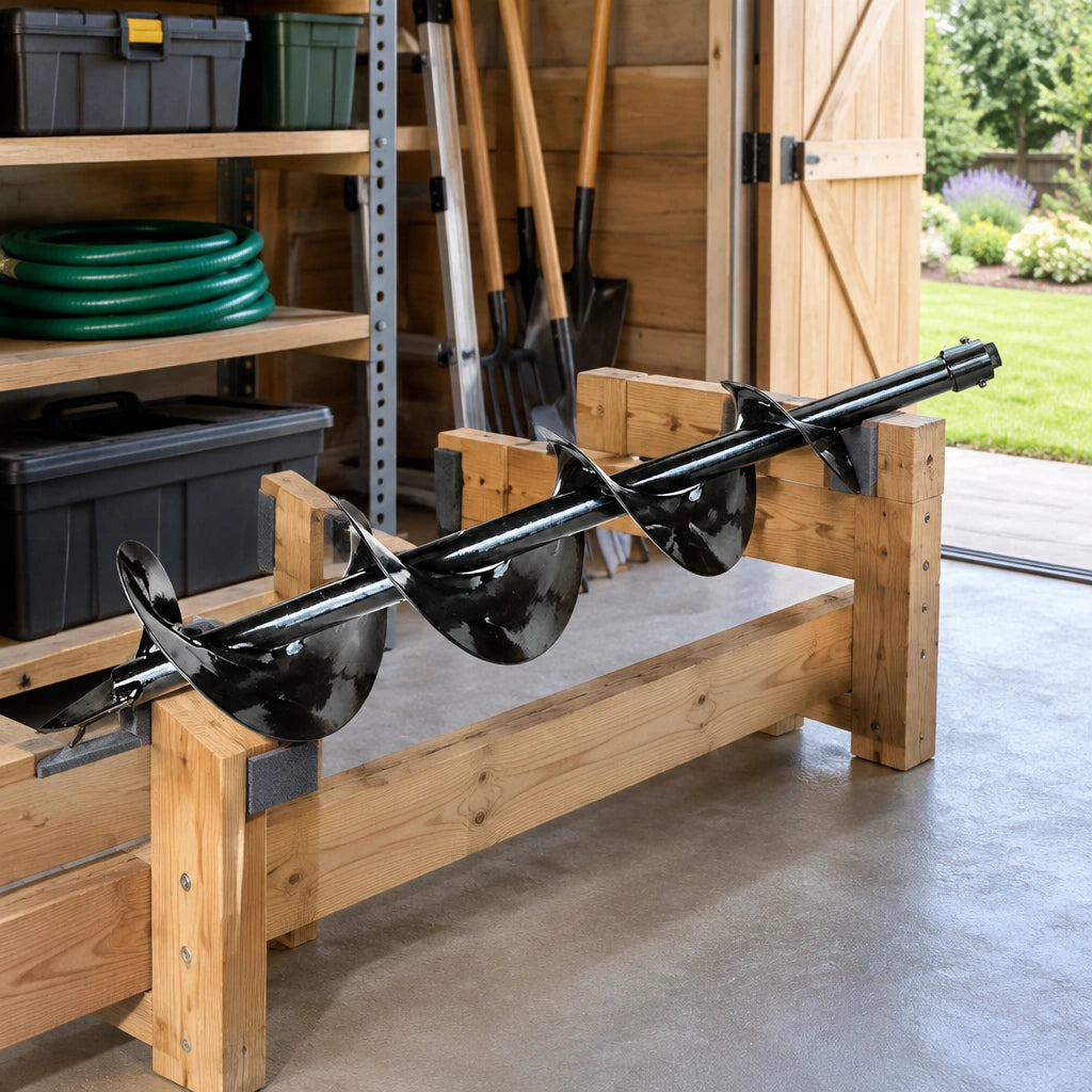 Wadfow earth auger bit stored horizontally in an organised landscape-maintenance shed
