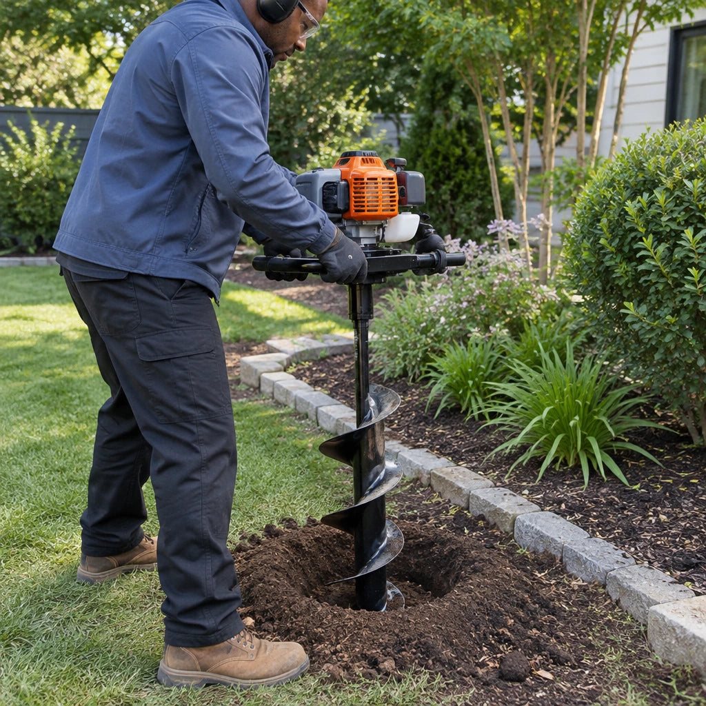 Landscape worker using a Wadfow WDZ1A62-2 auger bit with its compatible power head to bore a planting hole