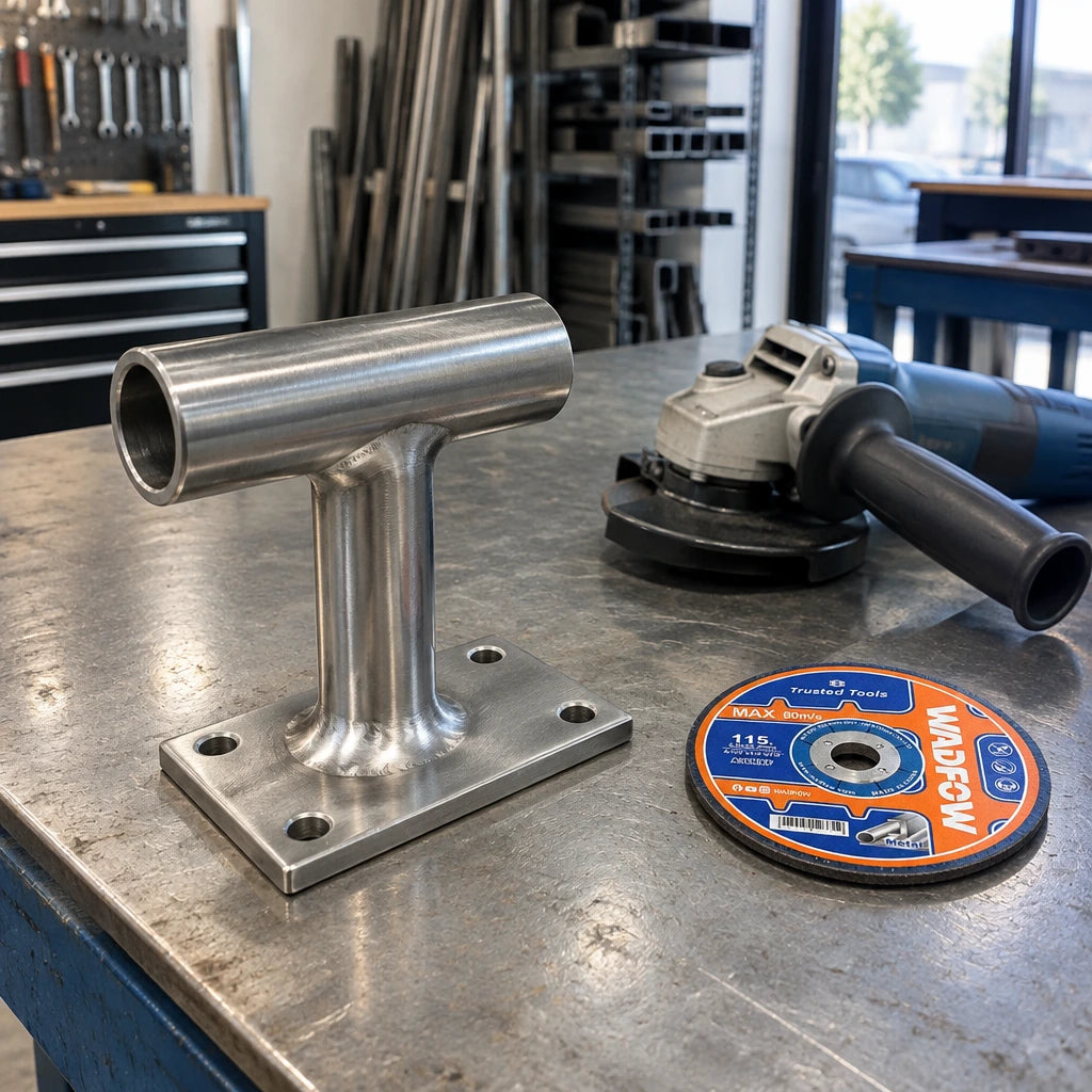 Finished steel handrail bracket with a blended weld beside the inactive Wadfow WAC1347 grinding disc and angle grinder
