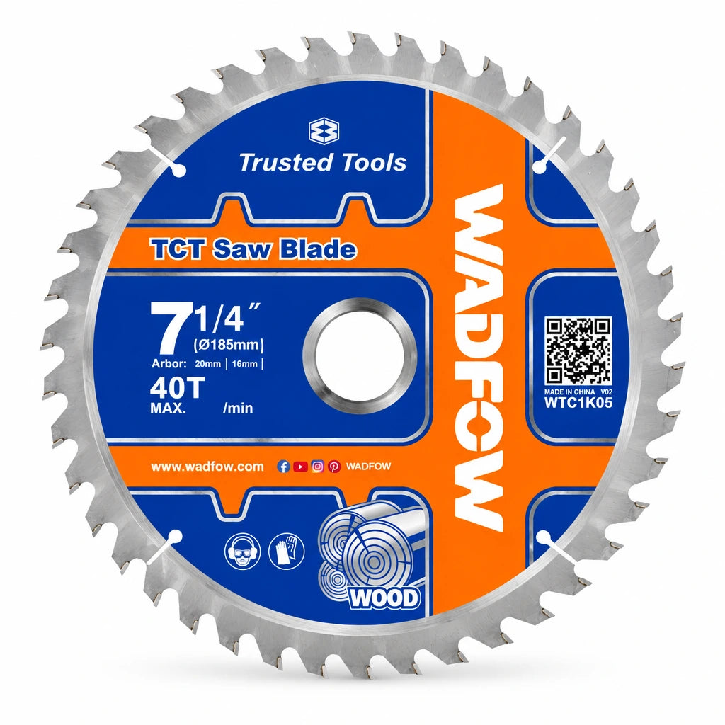 Wadfow WTC1K05 185mm 40-tooth TCT wood saw blade with blue and orange branded face.
