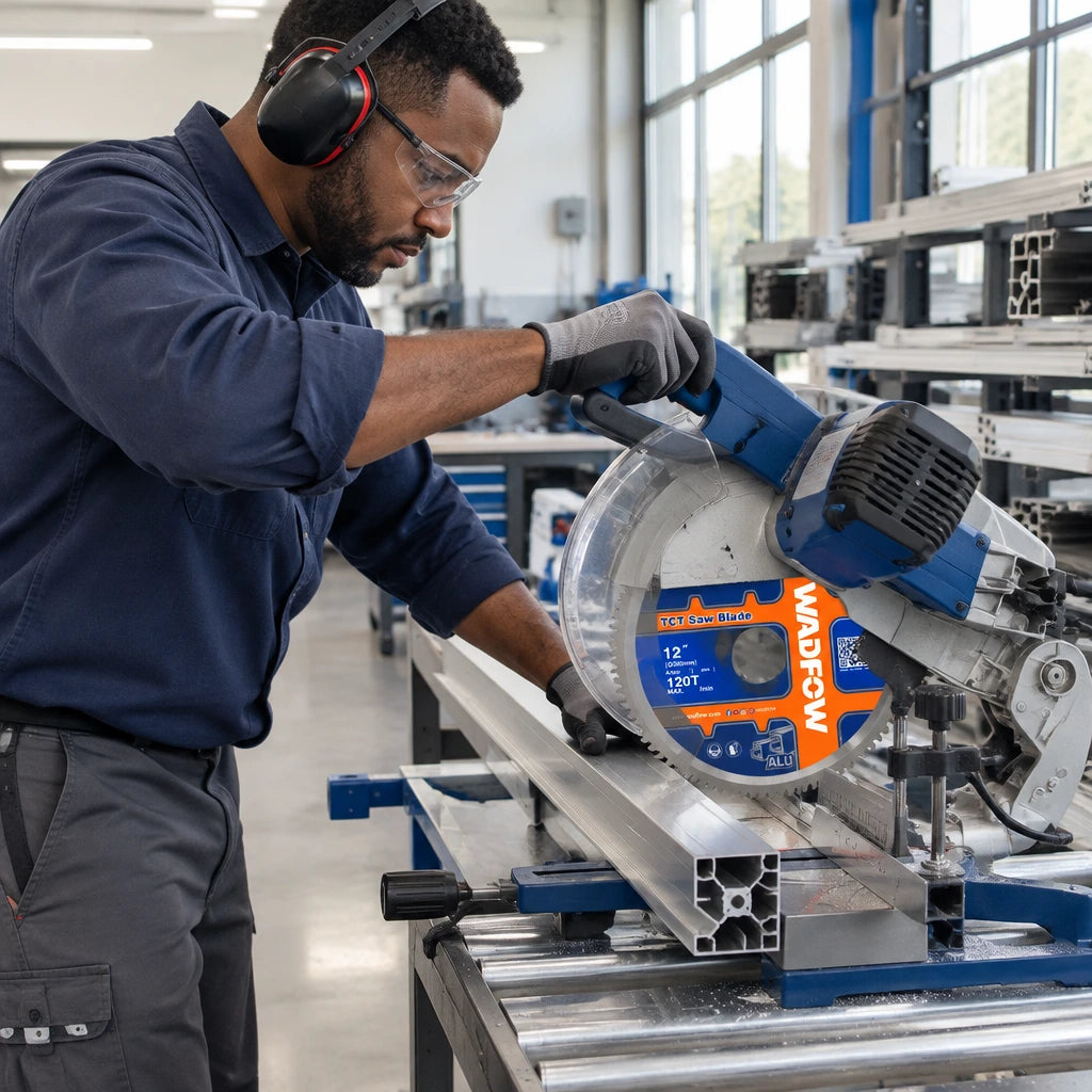 Technician using a Wadfow 305mm 120T blade on a mitre saw to cut a supported aluminium profile