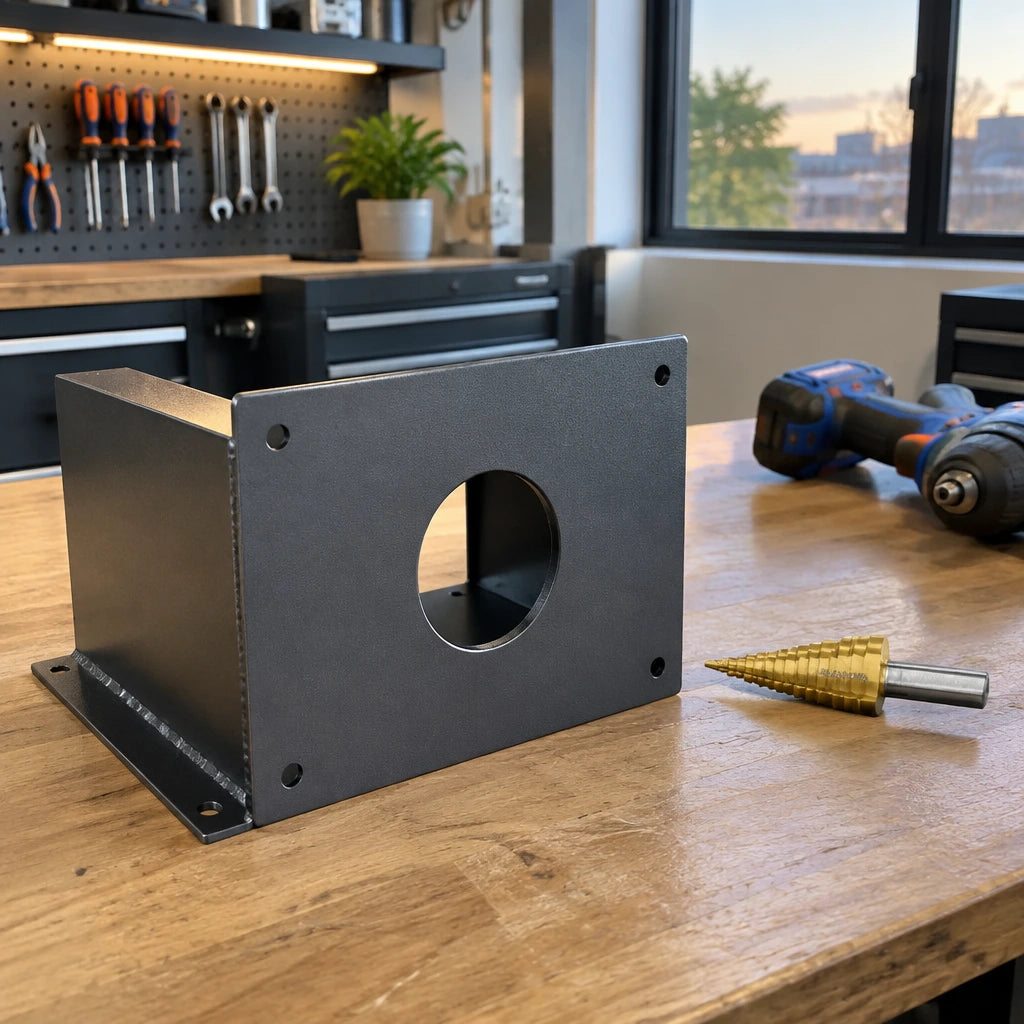 Finished thin metal faceplate with a clean drilled opening beside the Wadfow WJD1403 step drill bit