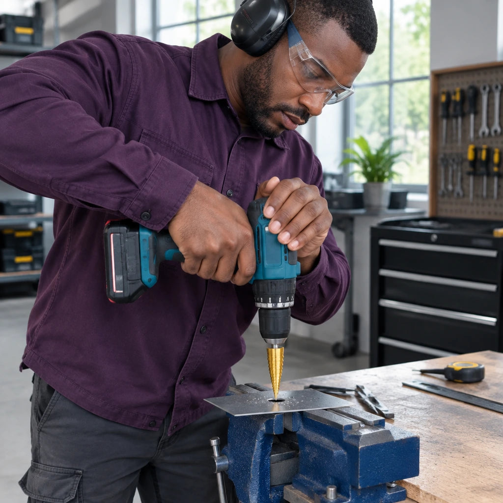 African American metal technician using a Wadfow WJD1403 step drill bit to enlarge a hole in a thin steel plate