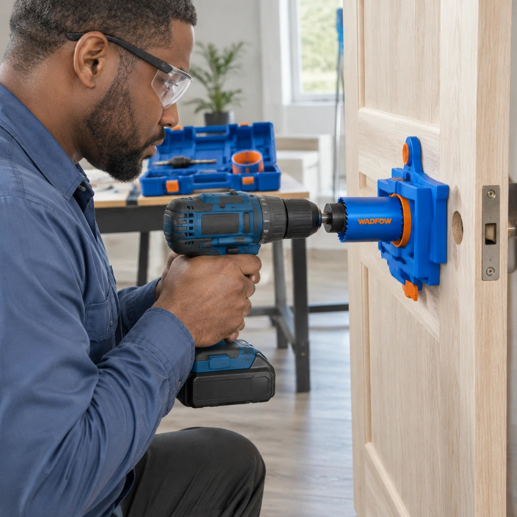 African American door installer using the Wadfow WKJ2404 plastic guide and 54mm hole saw to prepare a lock opening in a supported door