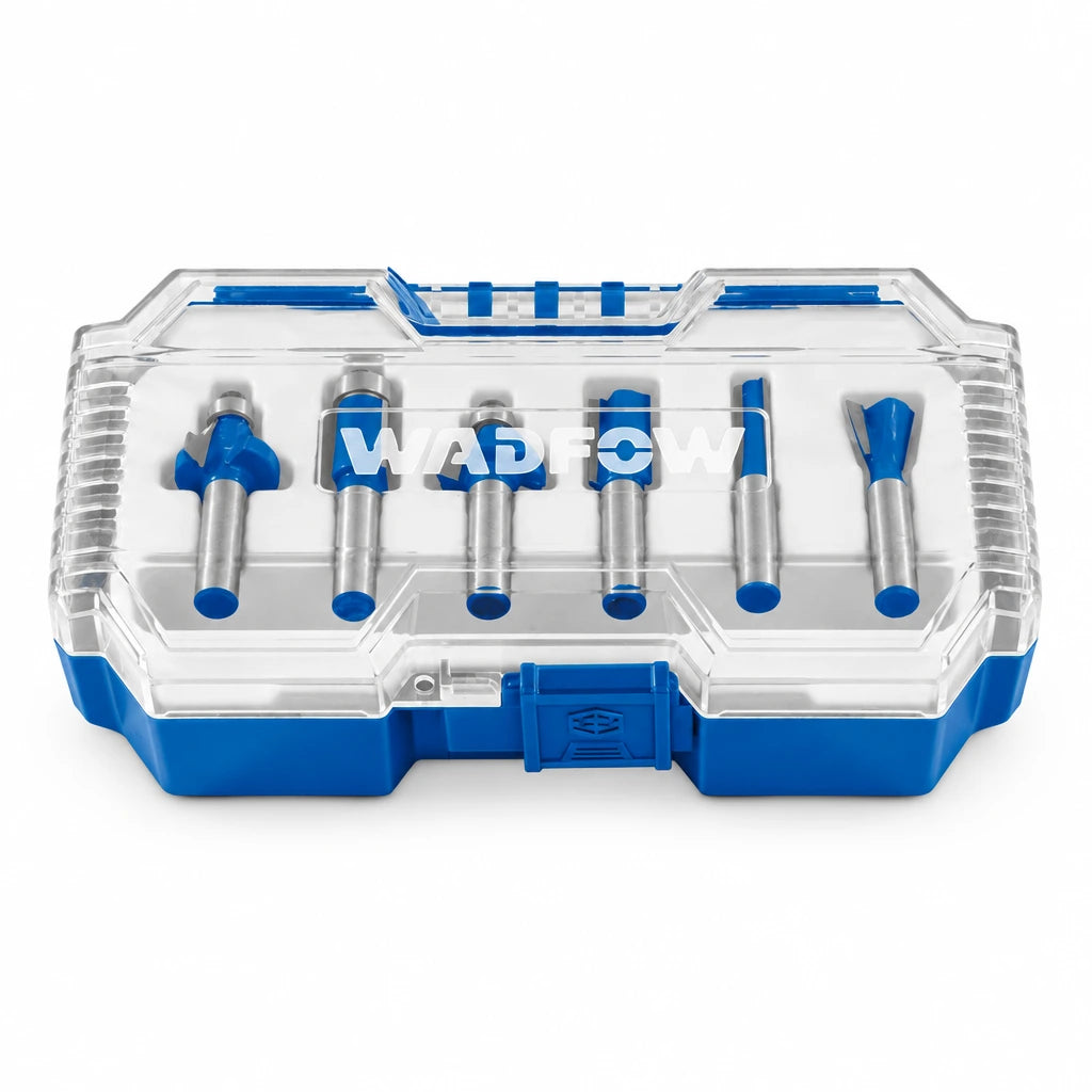 Wadfow WRKSR0106 six-piece 6 mm router bit set in clear blue storage case on white background.