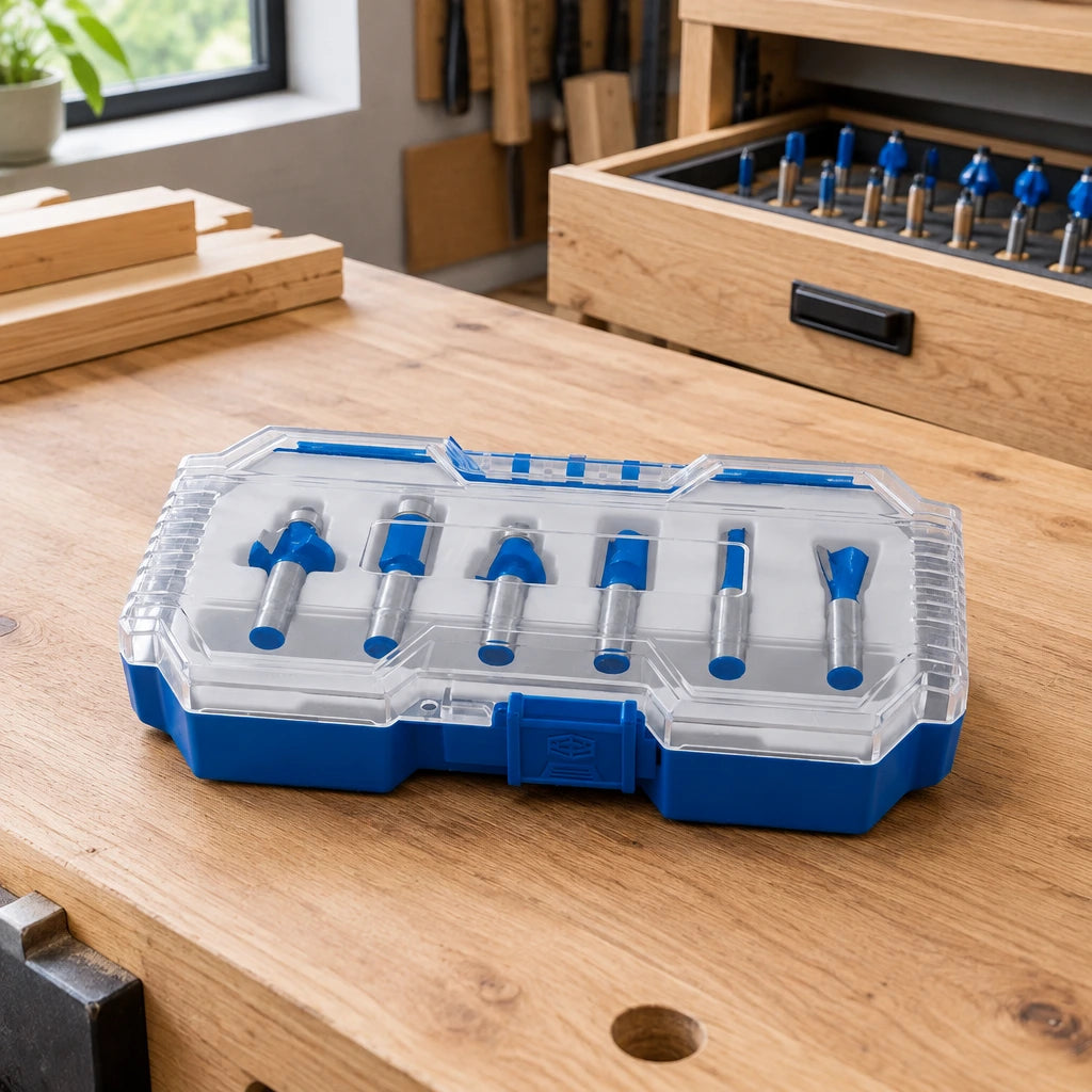 Closed Wadfow six-piece router bit set stored beside a clean woodworking bench in an organised joinery studio.