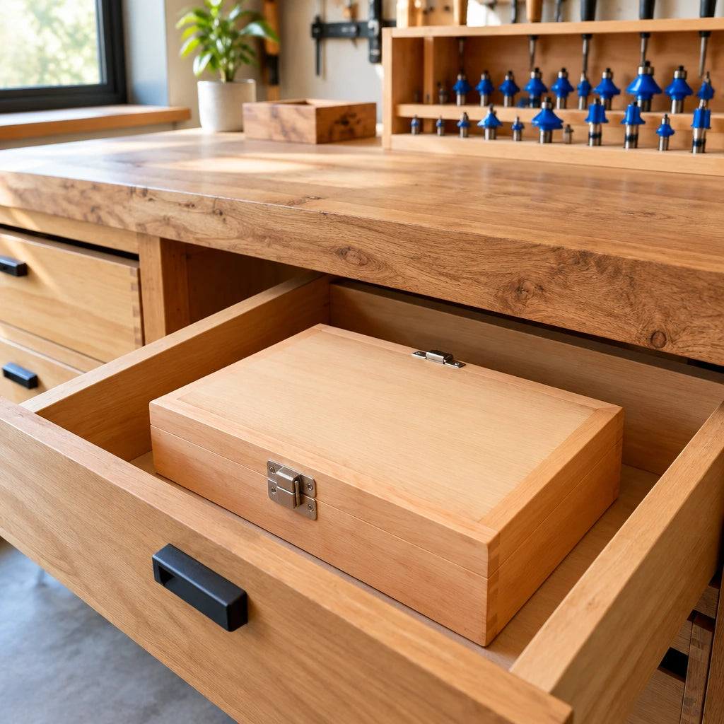 Closed Wadfow router bit set stored in a dedicated drawer of a contemporary home woodworking studio