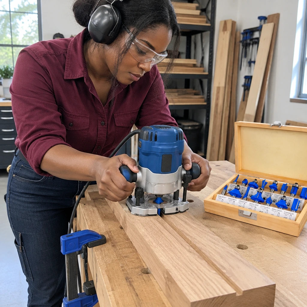 African American woodworker using a compatible router with a Wadfow bit on a supported hardwood panel in a home studio