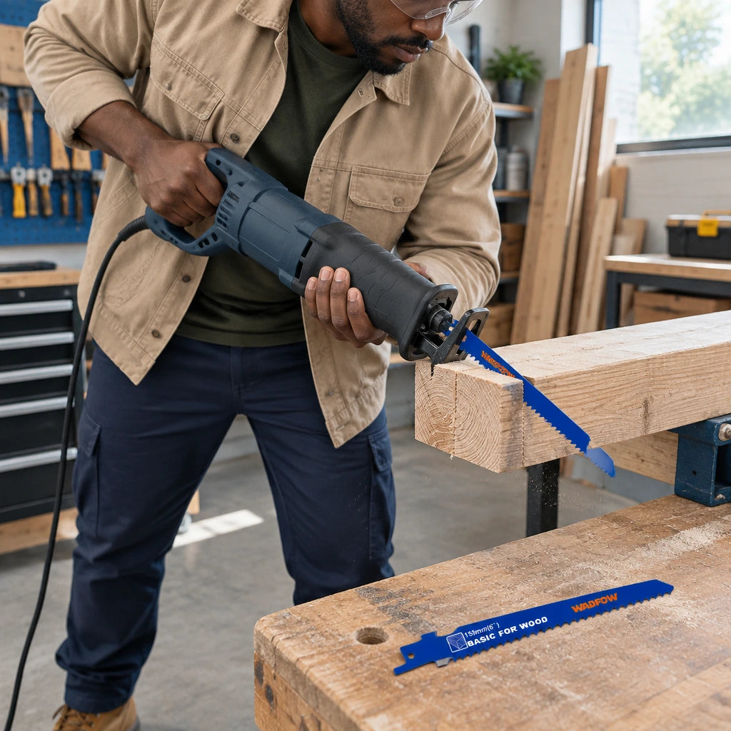 African American carpenter uses a compatible reciprocating saw fitted with a Wadfow WJT611D wood-cutting blade on supported timber.