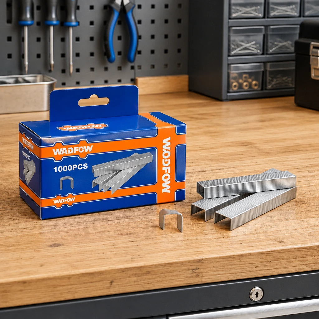 Sealed Wadfow WNA0708 staple refill carton resting on an organised workshop repair bench