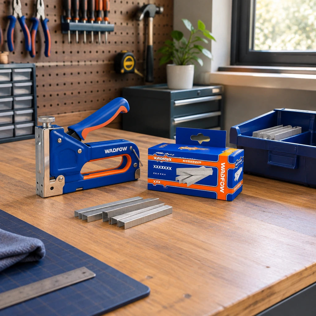 Organised workshop station with a replenished staple gun and Wadfow WNA0810 refill pack ready for use