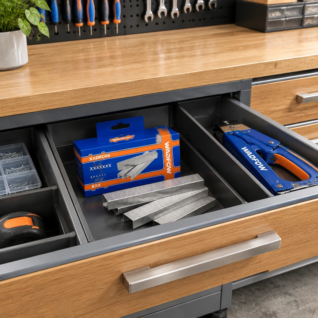Wadfow WNA0810 staple refill stored in an organised contemporary workshop cabinet