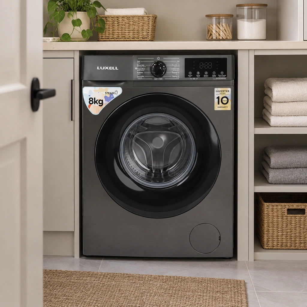 Luxell dark-grey 8kg front-load washing machine resting in a compact contemporary home laundry cupboard.