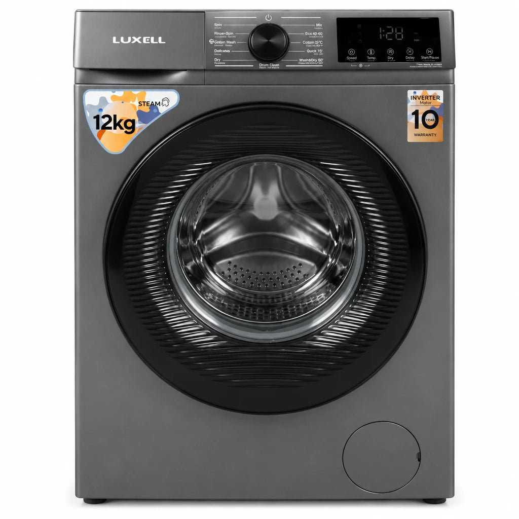 Luxell grey 12kg washer and 8kg dryer with front-load door and digital control panel on white background