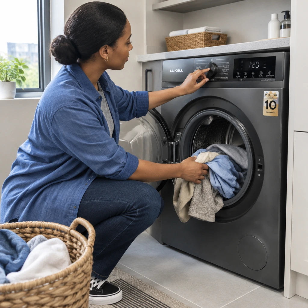 African American adult loading clothes and towels into a Luxell front-load washer-dryer and selecting a wash-and-dry setting