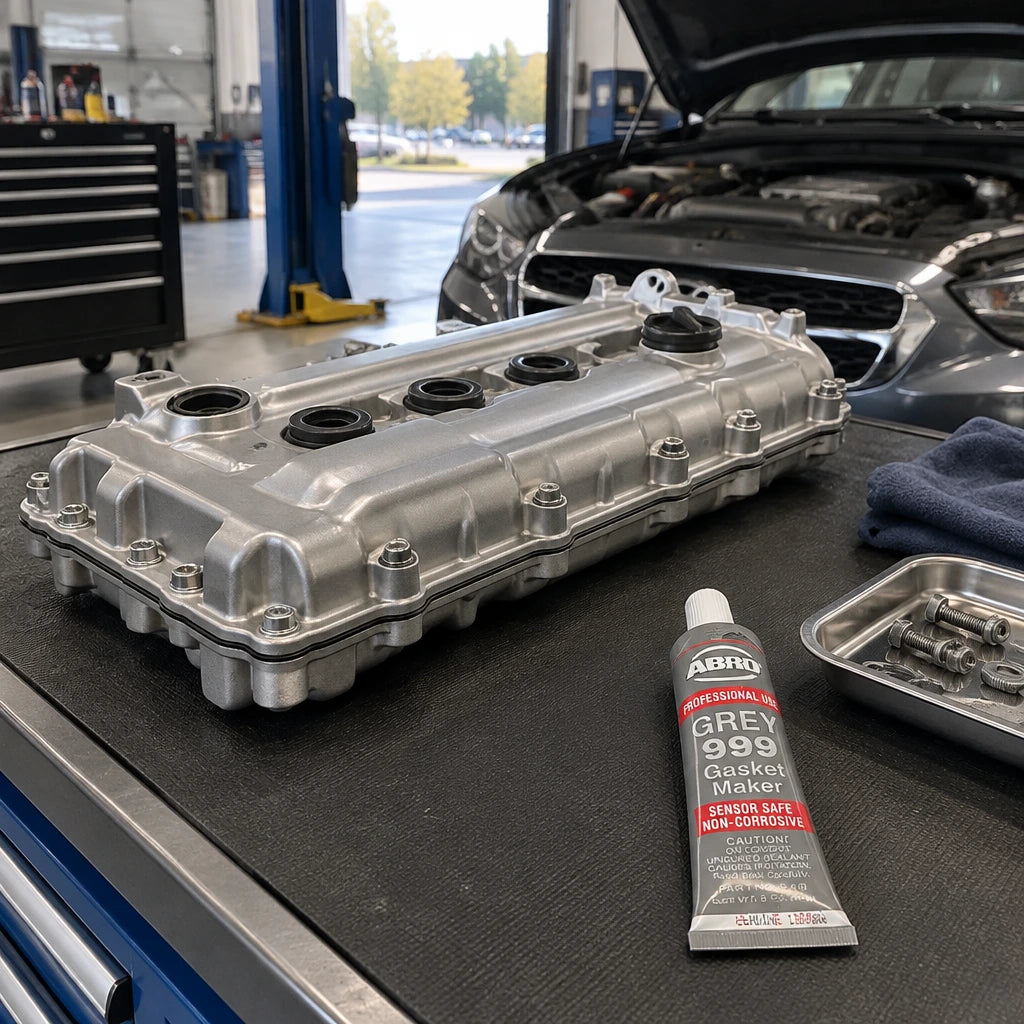 Reassembled engine cover and ABRO Grey 999 gasket maker in a clean automotive workshop after a sealing repair