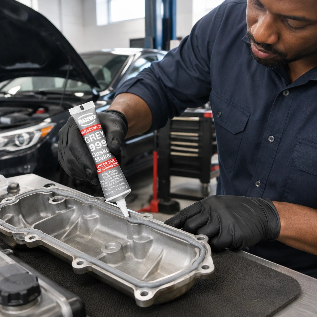 Automotive technician applying ABRO Grey 999 grey RTV sealant around a prepared engine-cover mating surface