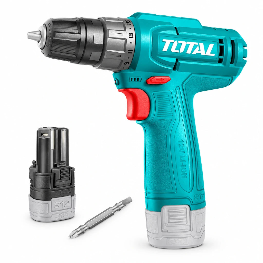 Total TDLI12456 12V cordless drill with attached 1.5Ah battery and supplied driver bit on a white background
