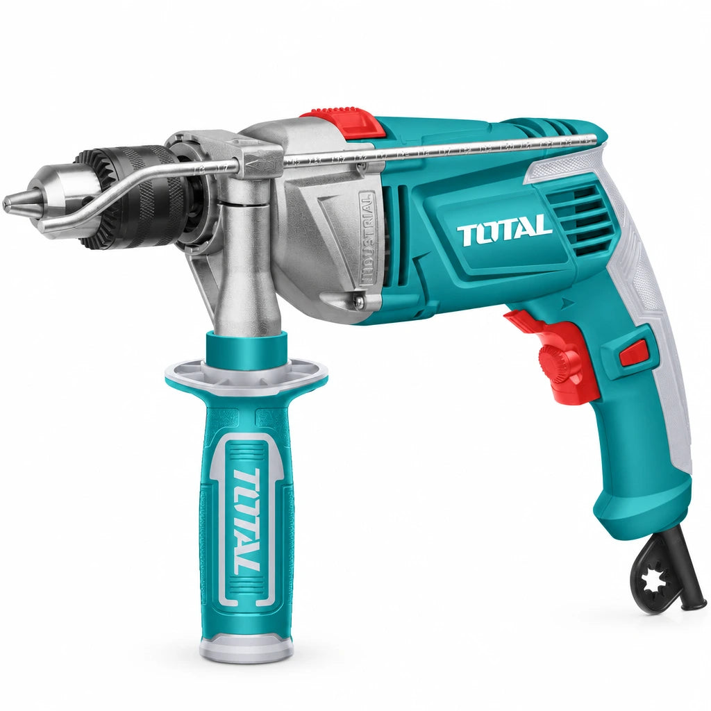Total TG111136 1010W corded turquoise impact drill with auxiliary handle on a white background