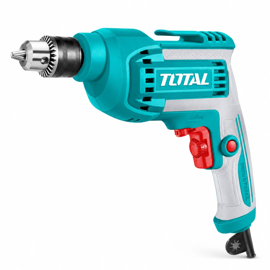 Total TD45658 450W corded electric drill with teal housing, metal chuck, variable-speed control and power cable on white background