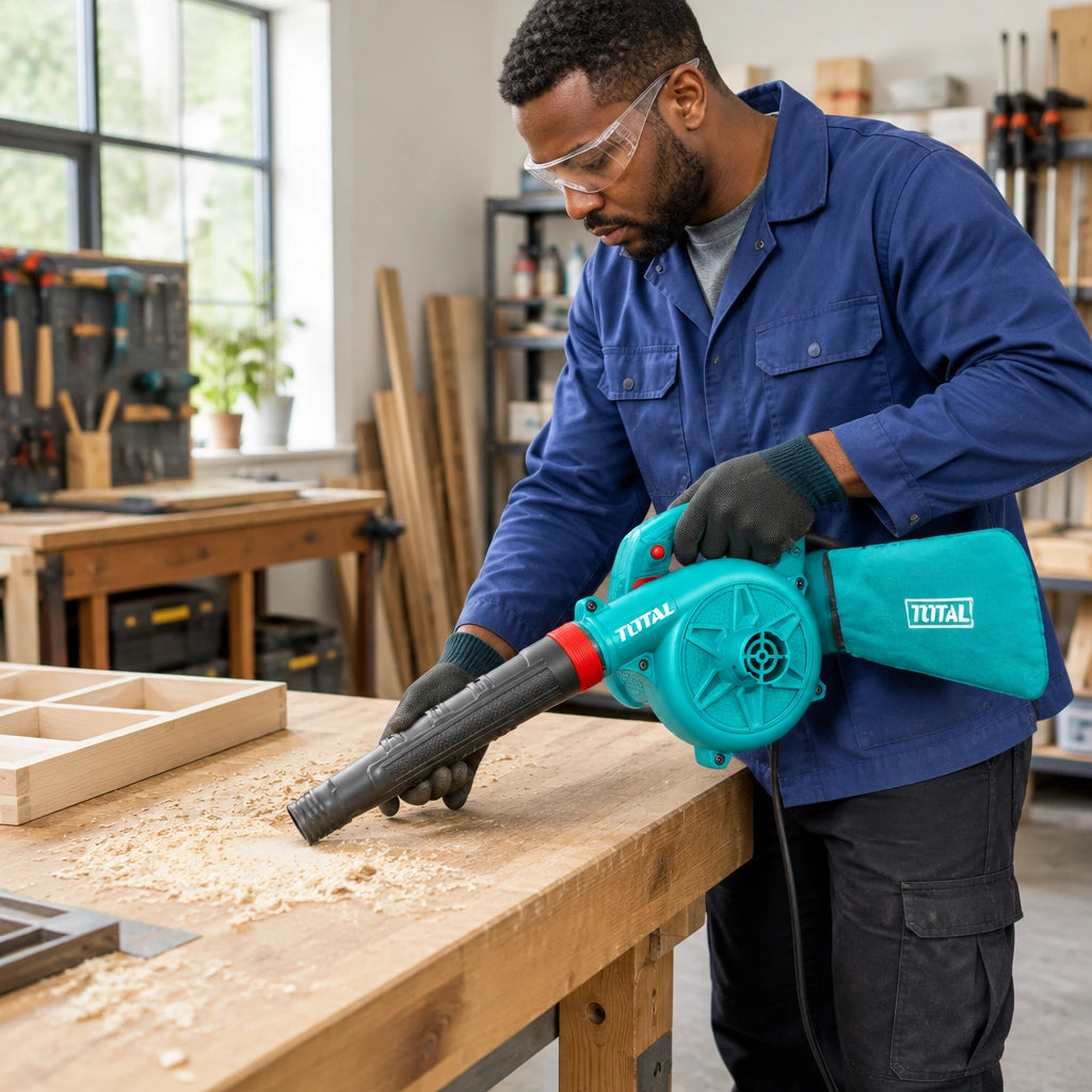 African American workshop technician uses the Total TB4066 blower with its dust bag to collect sawdust from a timber workbench