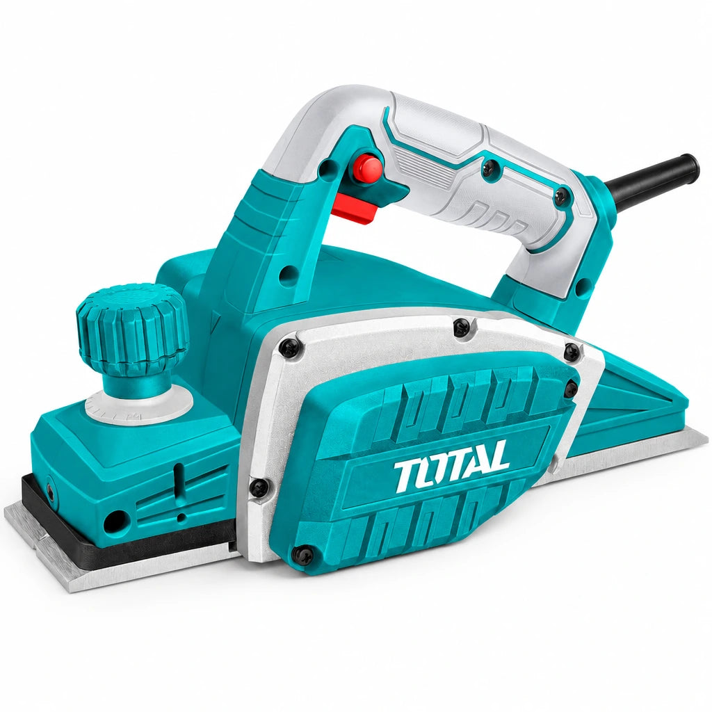 Total TL7508226 750W electric planer with turquoise body, aluminium base and front depth-adjustment knob on white background