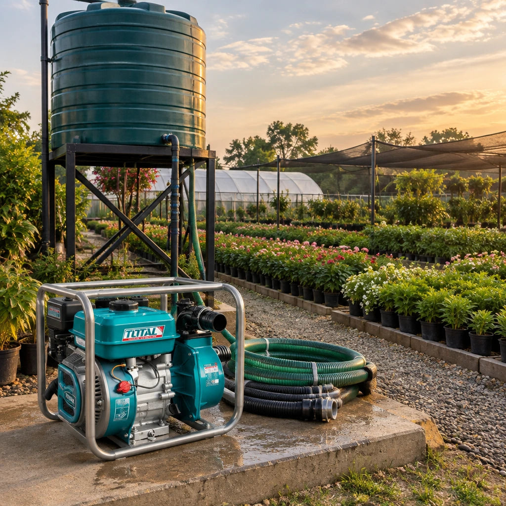 Completed nursery irrigation area with a Total TP3306 gasoline water pump beside a ready elevated water tank