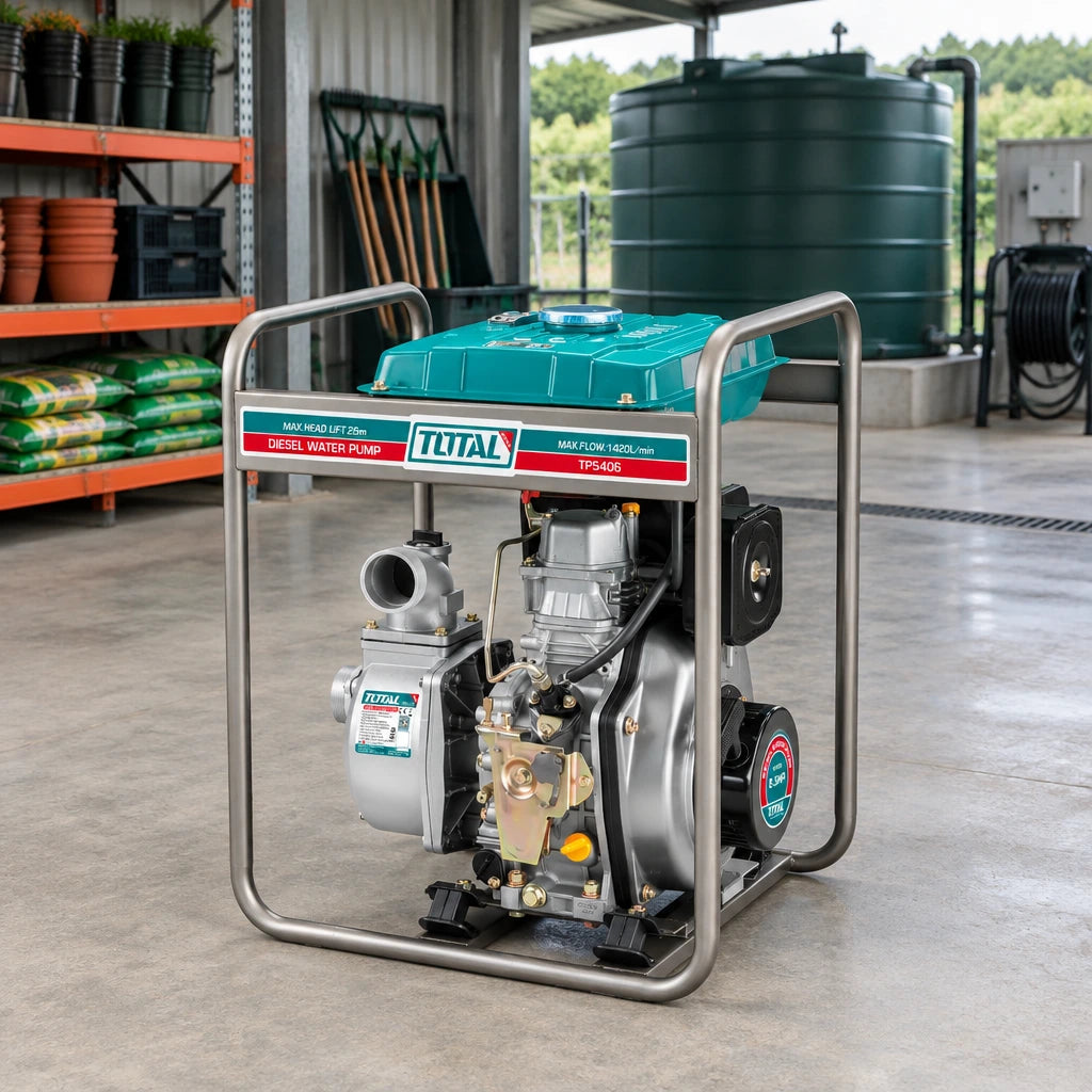 Total TP5406 diesel water pump parked in an organised commercial nursery equipment bay near a water-storage tank.