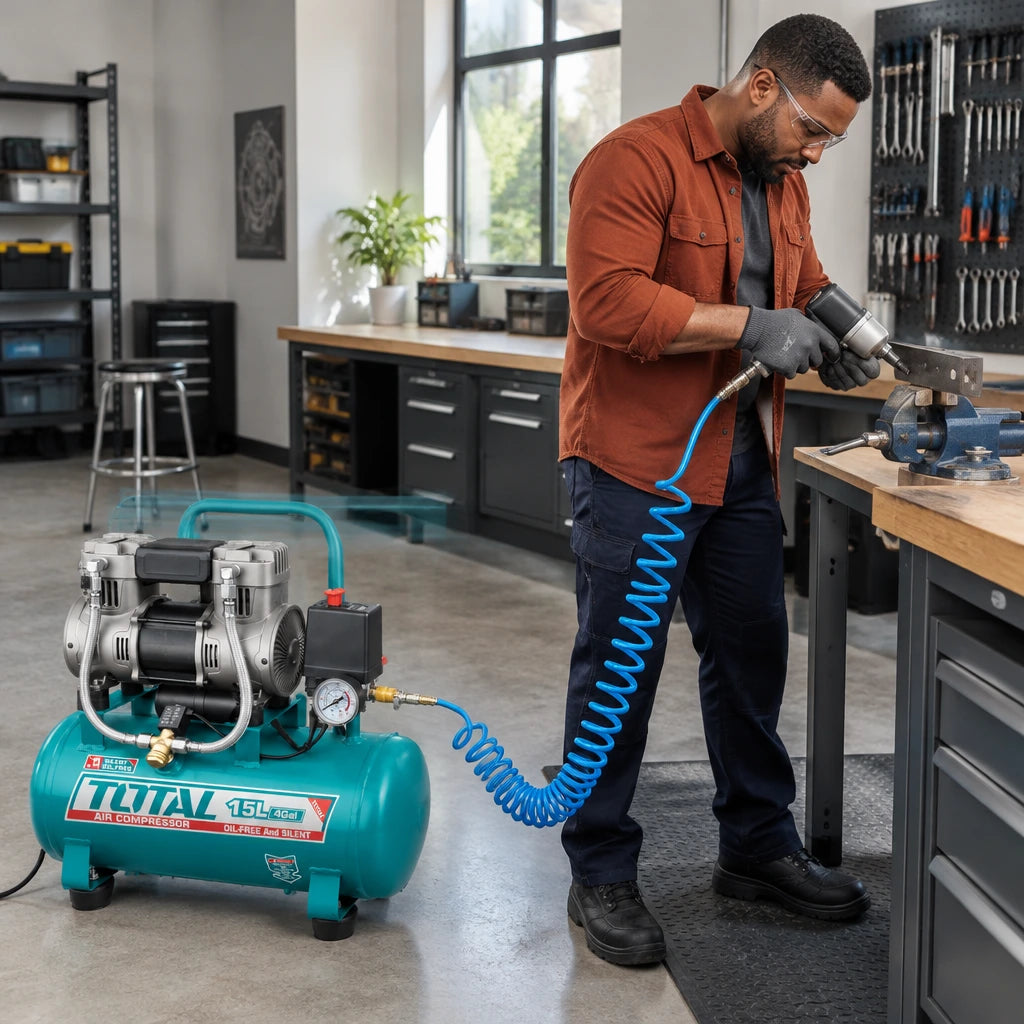 African American workshop technician using the Total 15L air compressor to supply a compatible pneumatic tool