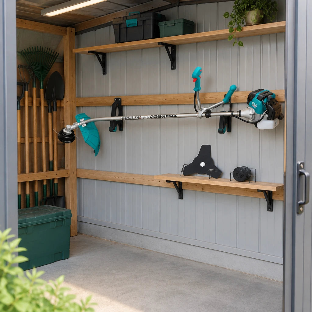 Total 52cc gasoline brush cutter stored on a rack in an organised estate grounds-maintenance shed