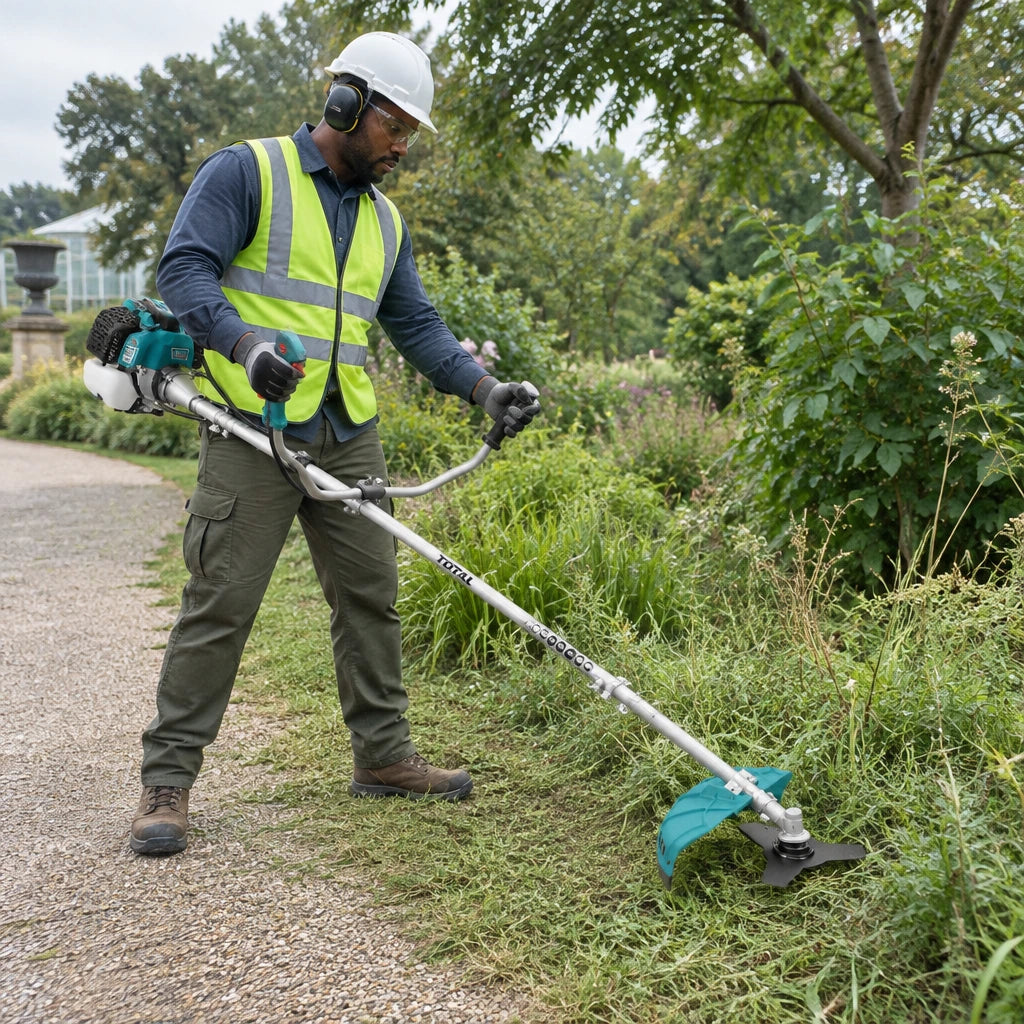 African American grounds worker using the Total TP5524421 brush cutter with its three-tooth blade along a botanical garden path