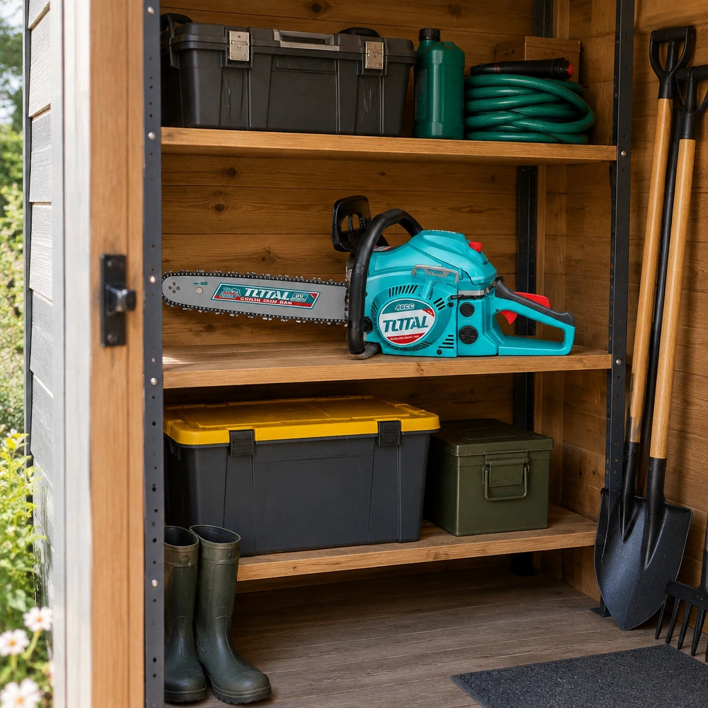 Total 20-inch gasoline chainsaw stored on a shelf in an organised garden equipment shed