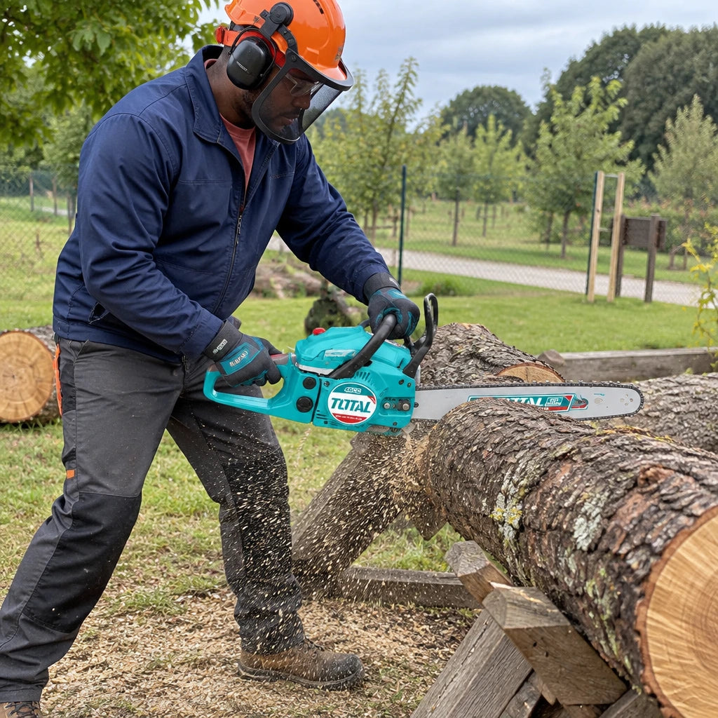 Grounds-maintenance worker using the Total TG5502011 chainsaw to section a supported fallen trunk in an orchard